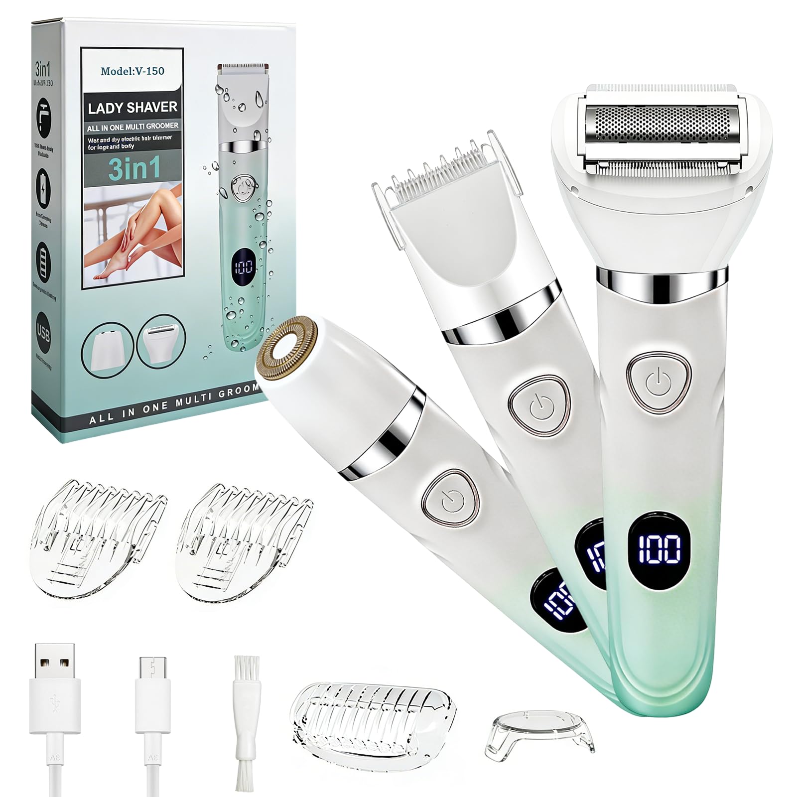 Rasoio Elettrico Donna, 3-in-1 Rasoi elettrici femminili, Depilatore Corpo Donna, fili Wet & Dry, Portatile Rasoio per Corpo, Rasoio Parti Intime Kit per Viso, Corpo e Inguine con Lama Ceramica
