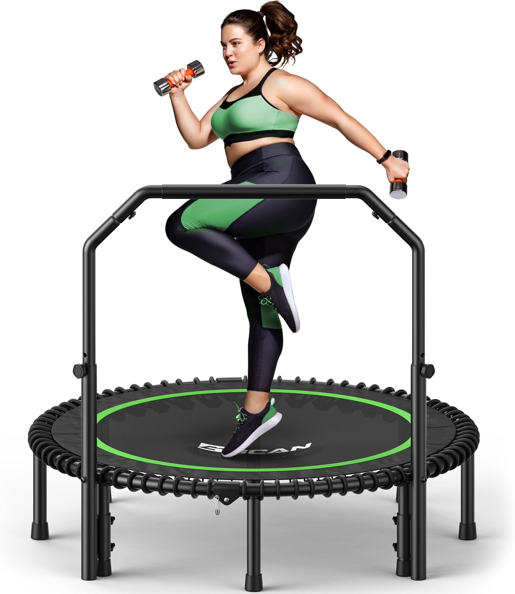 BCAN 450/550 LBS Foldable Mini Trampoline, 40"/48"/50" Fitness Trampoline with Bungees, Adjustable Foam Handle, Stable & Quiet Exercise Rebounder for Kids Adults Indoor/Garden Workout