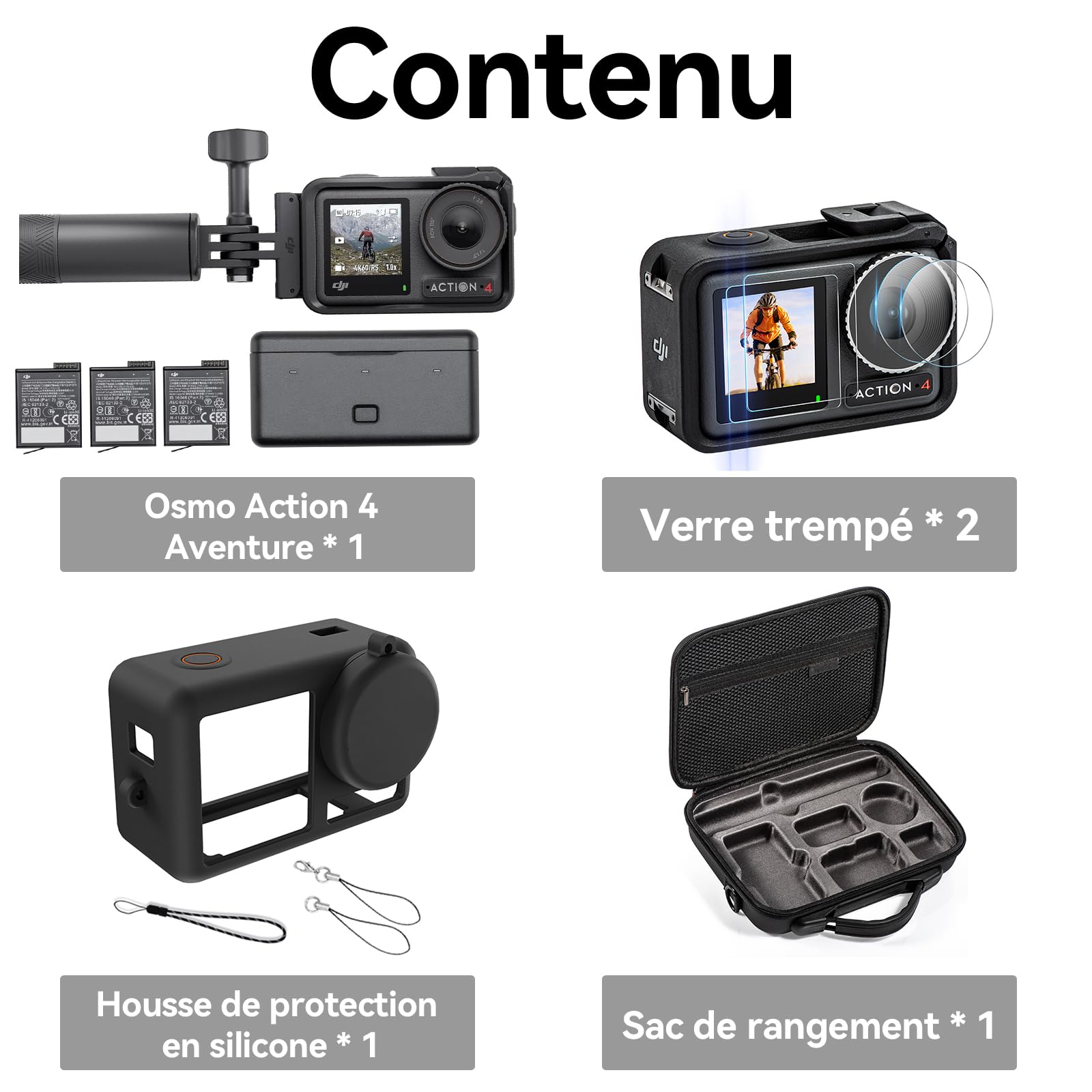 DJI Osmo Action 4 Adventure Combo Sac de rangement + Film blindé + Étui de protection - Caméra 4K/120fps 1/1,3" - Angle de vue 155° - Durée d'autonomie 7,5h - 3