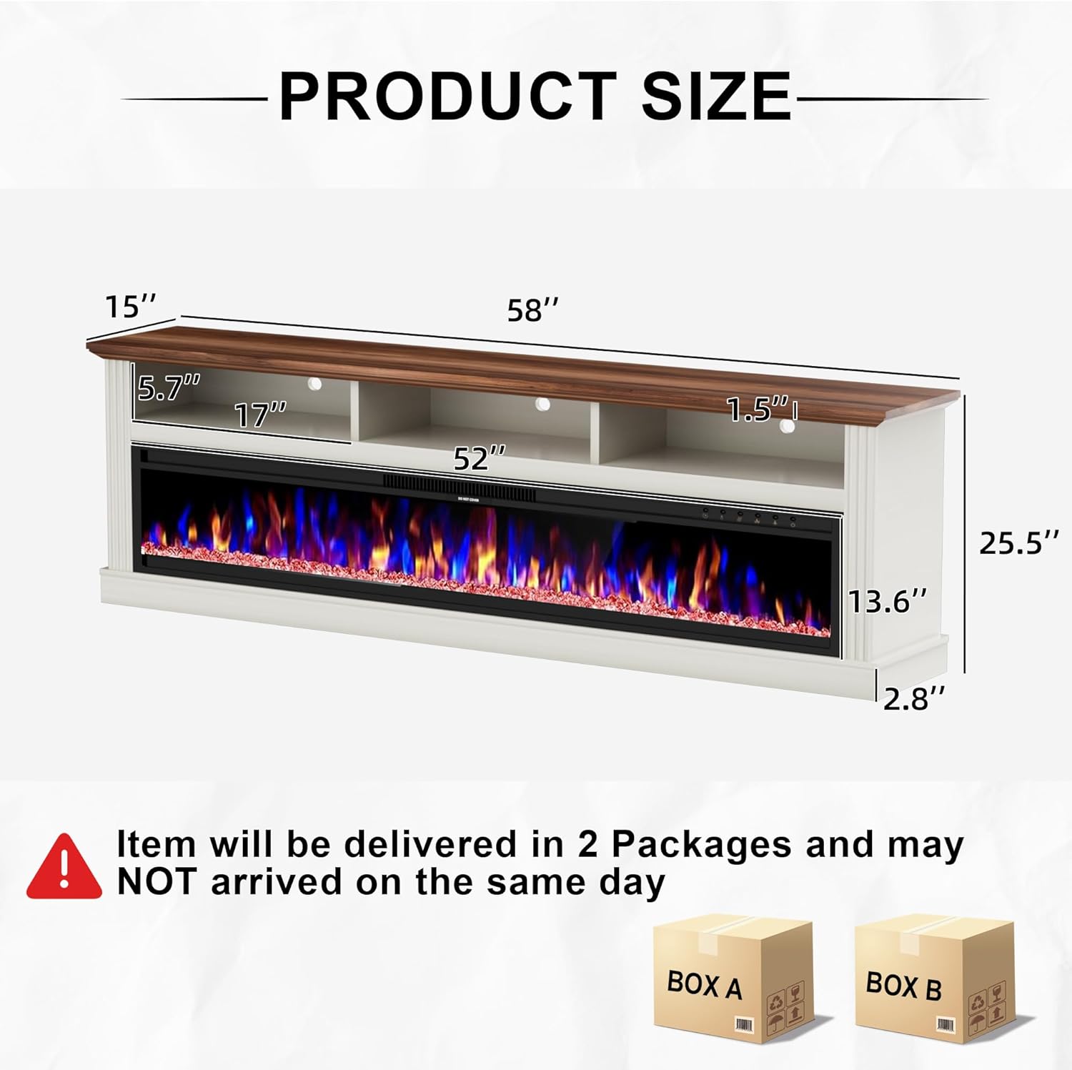 AHB 58" Fireplace TV Stand for TVs Up to 65" with 52" Electric Fireplace,White Entertainment Center with Storage Cabinets,Led Light TV Consoles for Living Room,Farmhouse Media Console Table,Crystals
