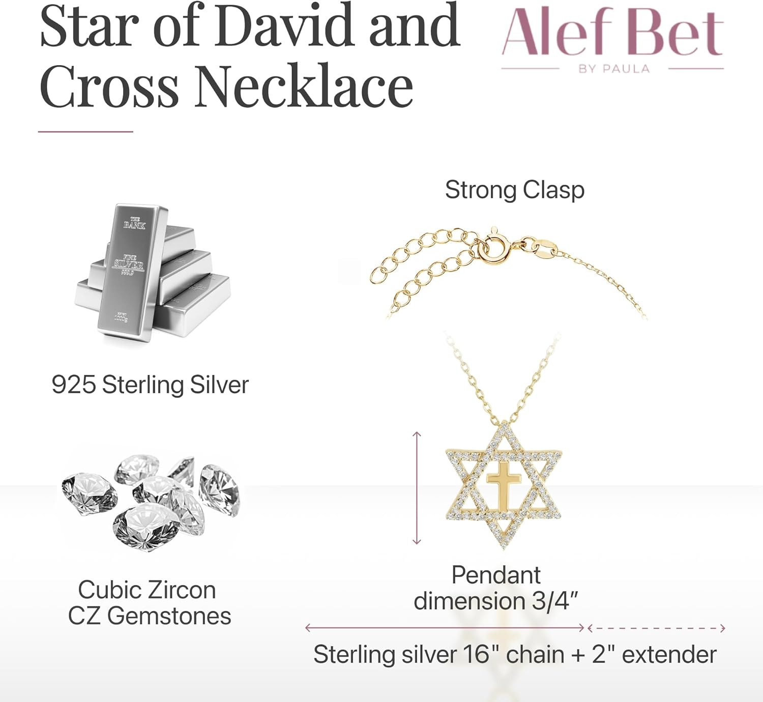 Alef Bet by Paula Star of David and Cross Sparkling Necklace - Image 3