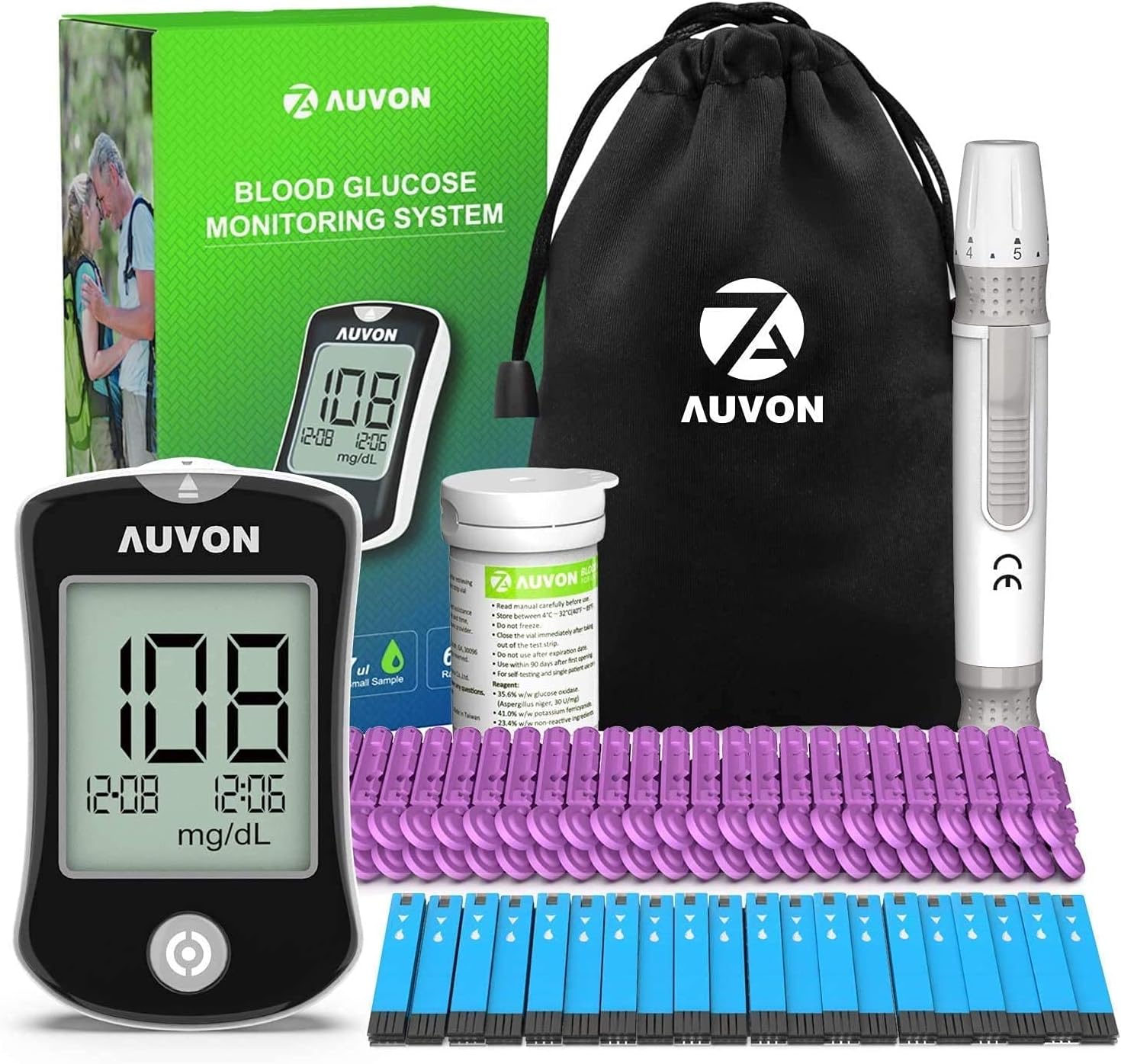 AUVON DS-W Blood Sugar Kit (No Coding Required), High-Tech Diabetes Blood Glucose Meter with 50 Test Strips, 50 30G Lancets, Lancing Device : Health & Household