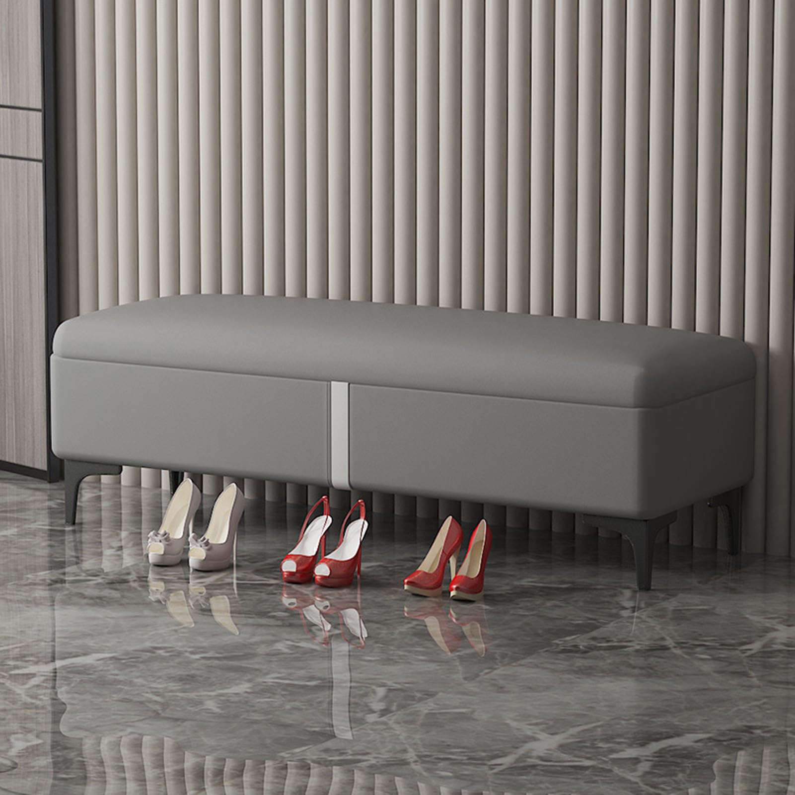 Organisateur de chaussures type banc de rangement capitonné en cuir avec pieds
