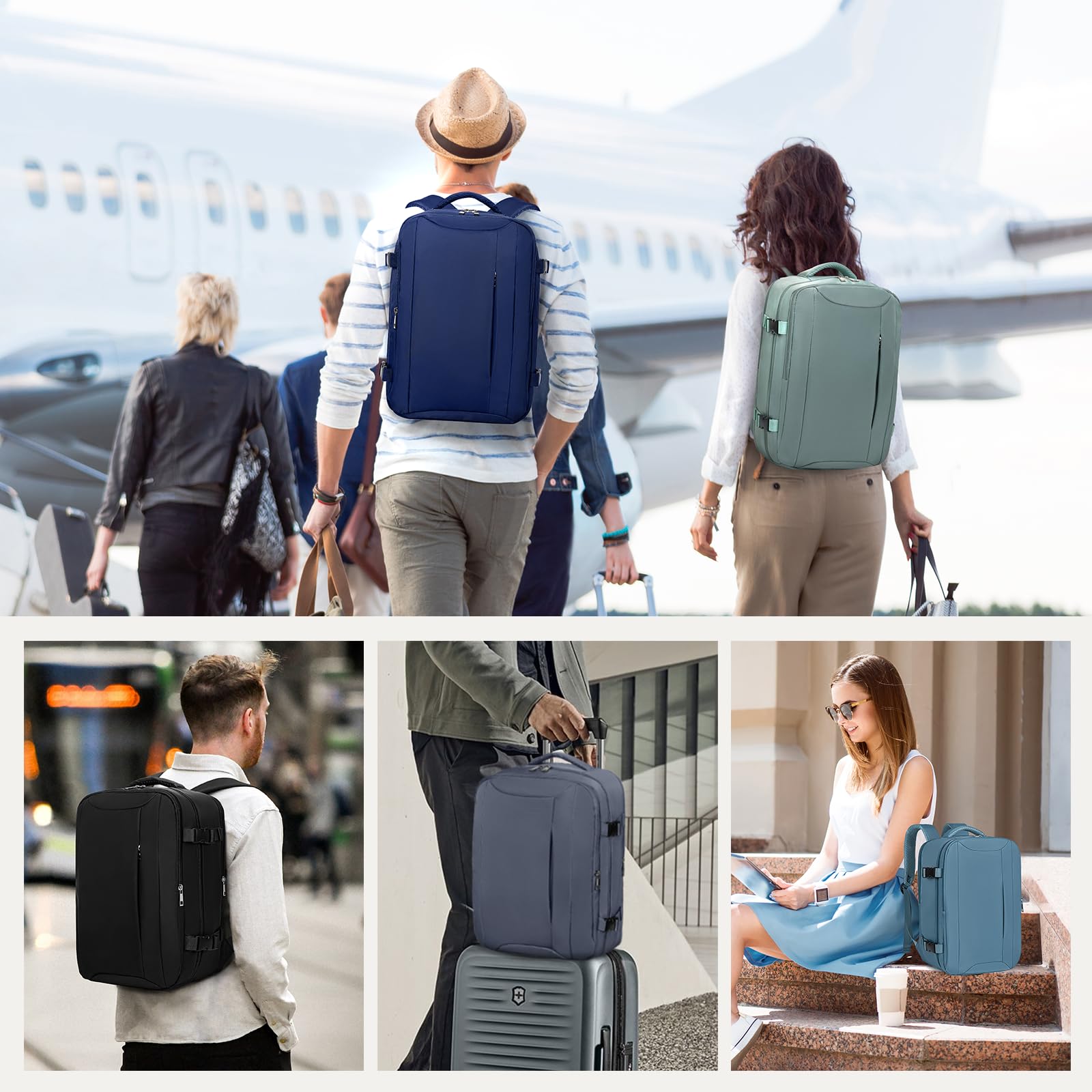 Xkdoai Ryanair plecak z organizerem bagażowym 3-częściowy zestaw plecak podróżny samolot bagaż podręczny torby do kabiny samolotu zatwierdzony do lotu Rucksack Walizka Plecaki, Szary, 40x27x20cm