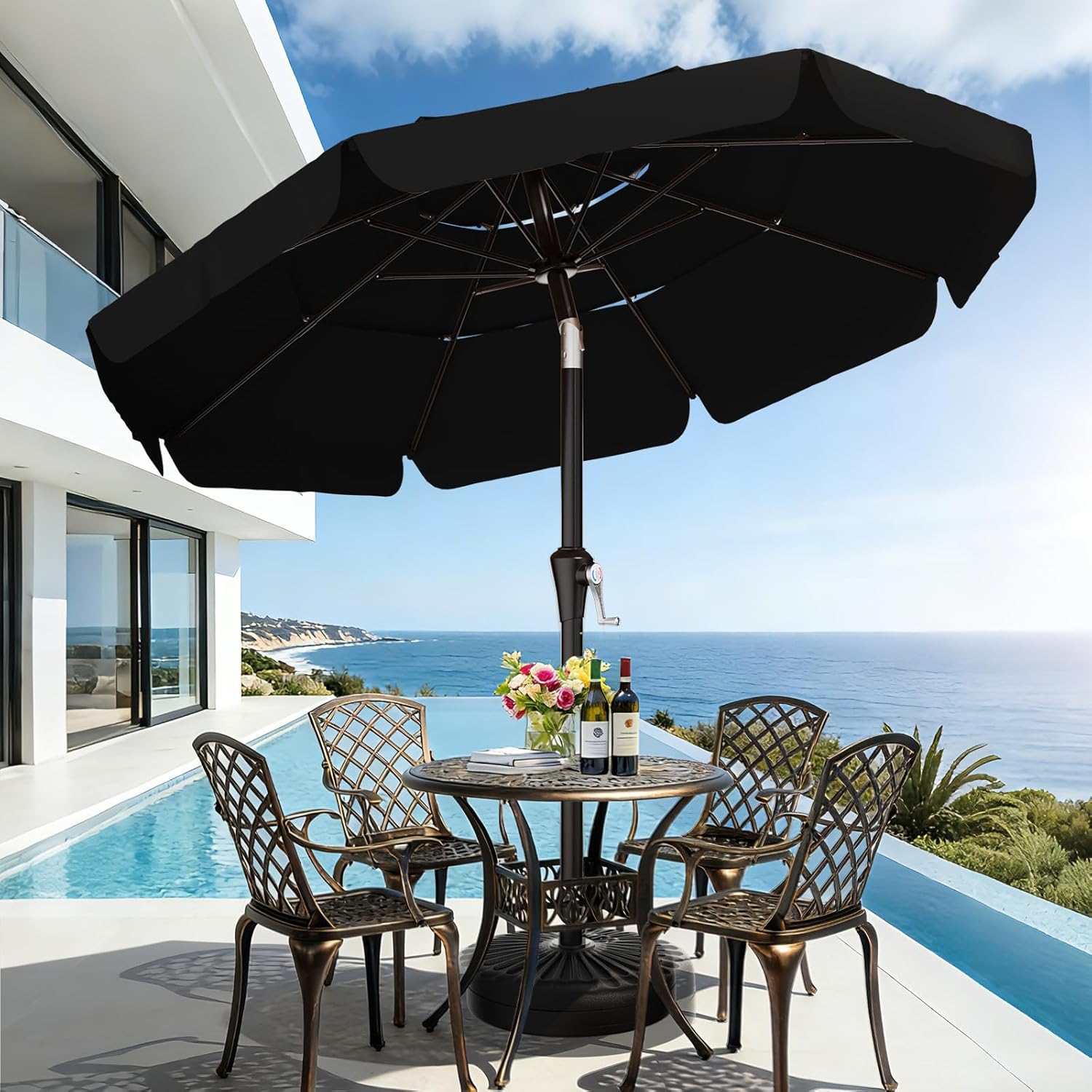 AreShark 9FT 3-Tiers Patio Umbrella with Valance, Outdoor Umbrellas with Crank/Tilt, Table Market Umbrella Vented w/ 8 Sturdy Ribs for Garden, Deck, Backyard, and Pool, Black