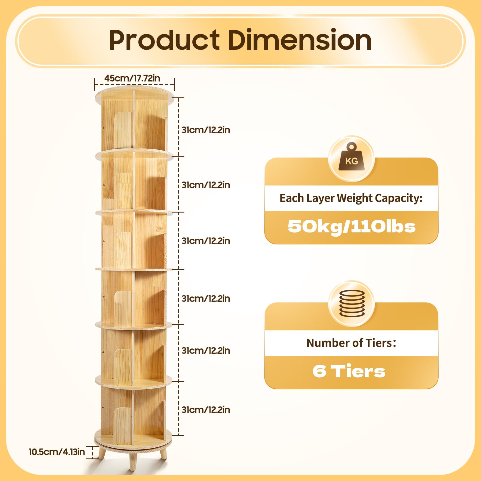 Librería giratoria y estantería de 6 pisos – 360 ° Display Bookshelf | Estantería giratoria | Incluye mantel | Estantería de pie de madera | para libros y objetos de colección