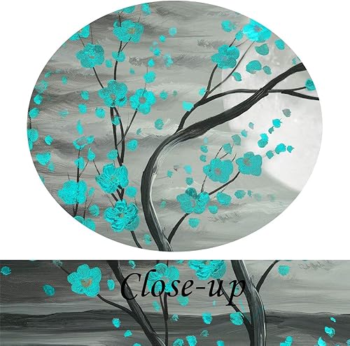 Miniatura 5 de KREATIVE ARTS 7 paneles de impresiones en lienzo florales grises y verde azulado con marco de árbol de ciruelo en flor, pintura al óleo impresa en