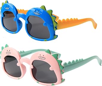 Dinosaur Cartoon Sunglasses for Kids Aged 2-6, Blue Yellow and Pink Green, Polarized UV Protection Secure Fit for Outdoor Adventures