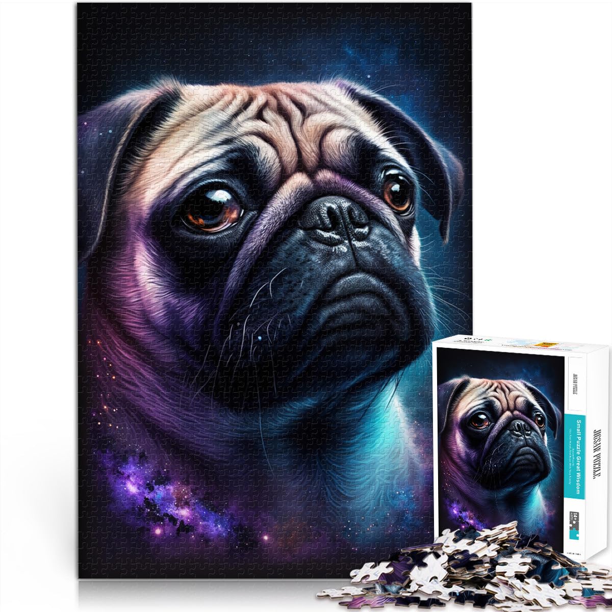 1000 Piece Jigsaw Puzzles for Adults Space Colour Pug Fun Games 50x70cm with Matching Poster and Trivia Sheet for teenager Age 14 Up — image 1