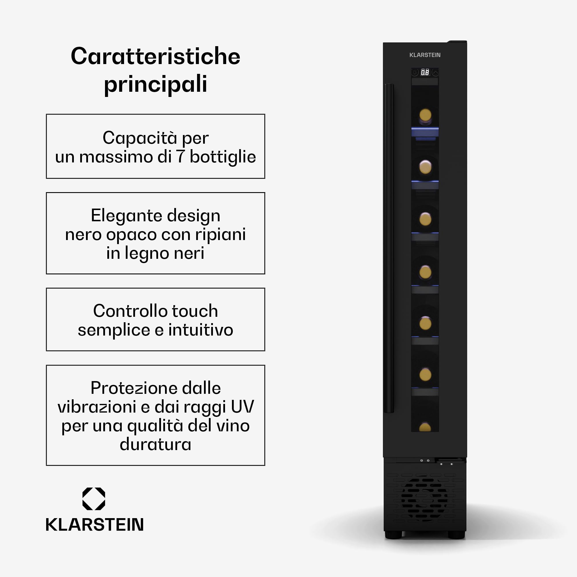 Klarstein Vinovilla 7 Uno - Frigorifero per Vini da Incasso, 7 Bottiglie, 1 Zona, 5-18°C, Illuminazione LED, Funzionamento Silenzioso, Nero Opaco, Frigorifero per Vini Stretto