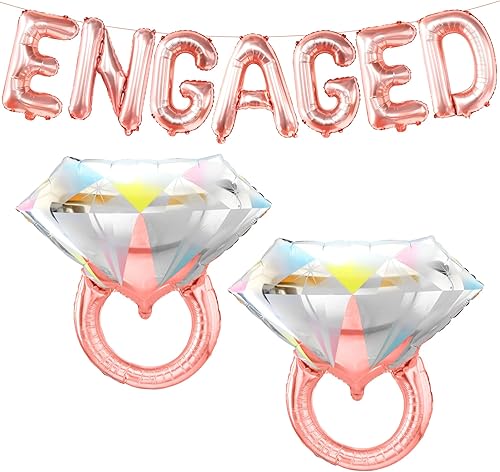 KatchOn, Letras de globos de compromiso de oro rosa con globo de anillo de diamantes, paquete de 3, globos de compromiso de oro rosa para decoración
