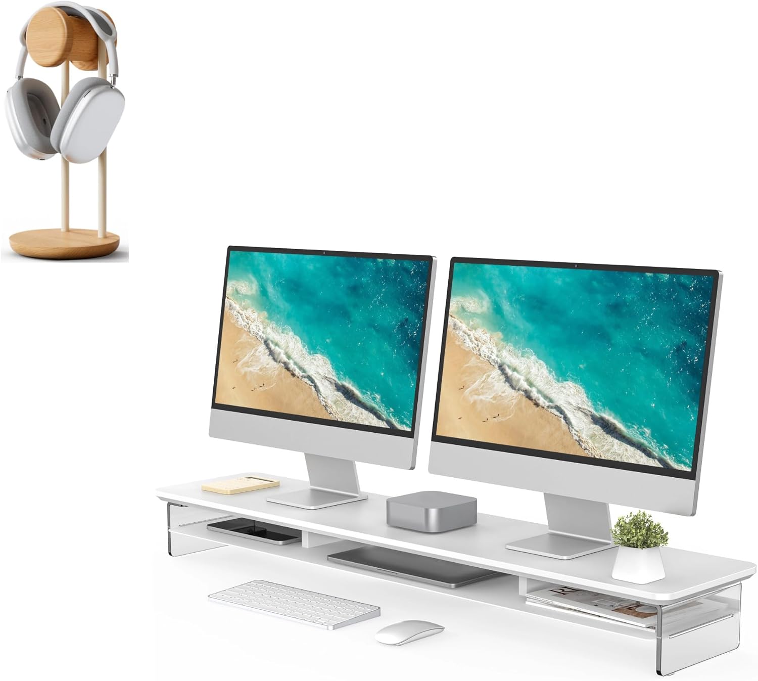 Fenge Acrylic Monitor Stand Riser 42.5 Inches Desk Shelf, 11.3" Headphone Stand for Desk