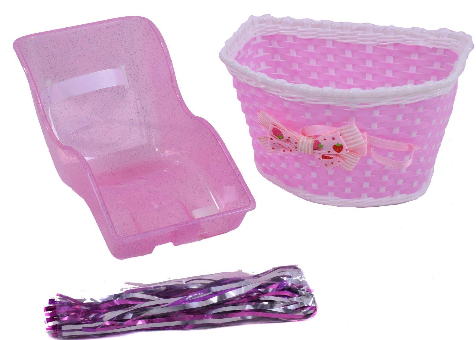 Ammaco Kids Bike Bicycle Dolly Seat Girls Pink Bike Accessories Pack Bow Basket, Tassels & Free Grips - Perfect For Christmas