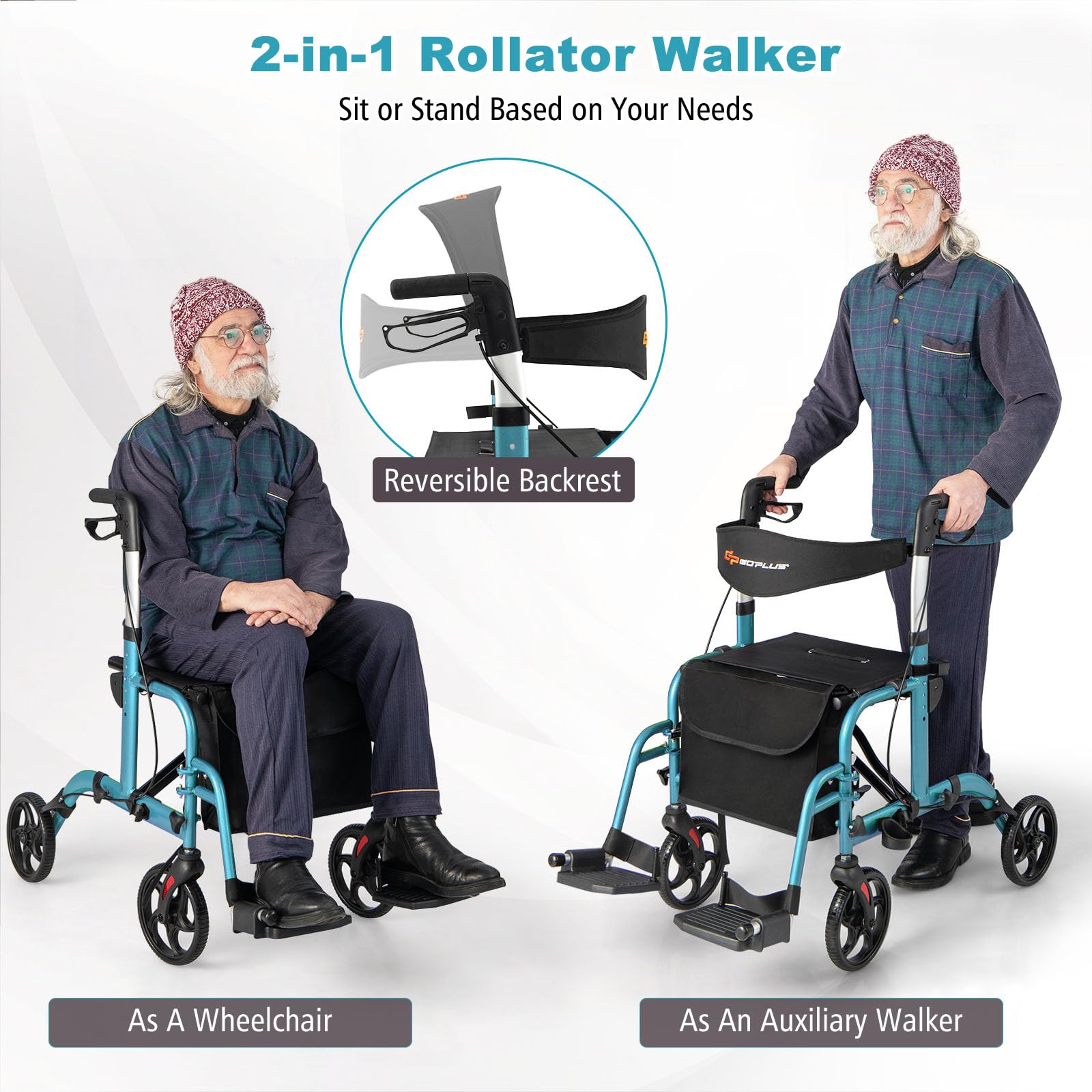 HOMASIS Andador para Ancianos con Asiento, Caminadores para Adultos de Aluminio,136 kg, Ajustables de 6 Niveles, Soporte para Bastón/Paraguas, Tacataca Plegable para Personas Mayores (Azul Marino)