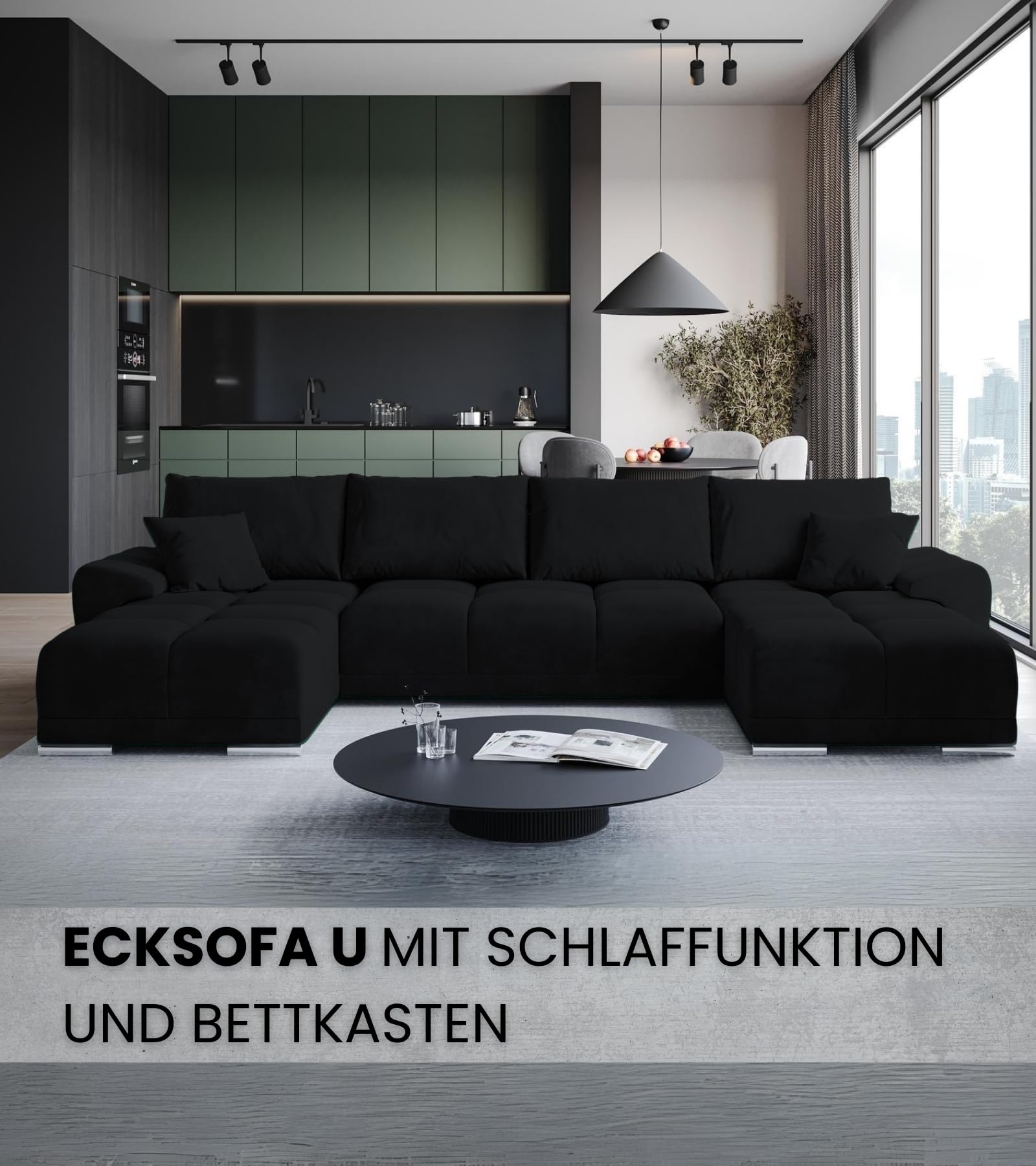BROMARKT Ecksofa mit Schlaffunktion und Bettkasten 372x184x85 cm Sofa Eckcouch Wohnlandschaft U Form Couch Bettsofa siebensitzer Schlafsofa NUBES U Graphit