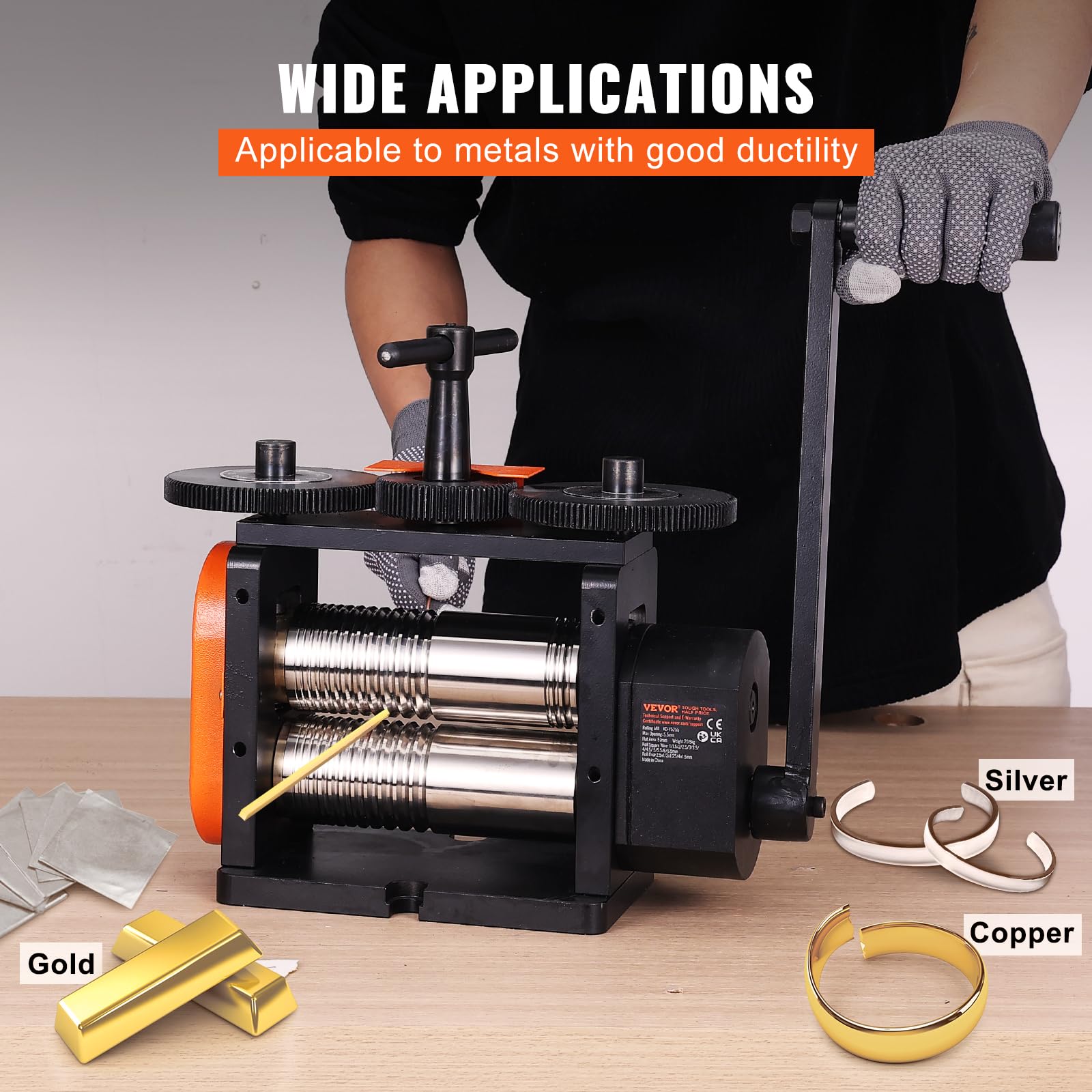 VEVOR 3 in 1 Handwalzwerk Maschine 57 mm Kombinationswalzwerk, Manueller Walzwerk Schmuckwalzwerk Einstellbare Dicke von 0 bis 5,5 mm, Handwalzwerk Maschine für Platin/K-Gold/Messing/Aluminium