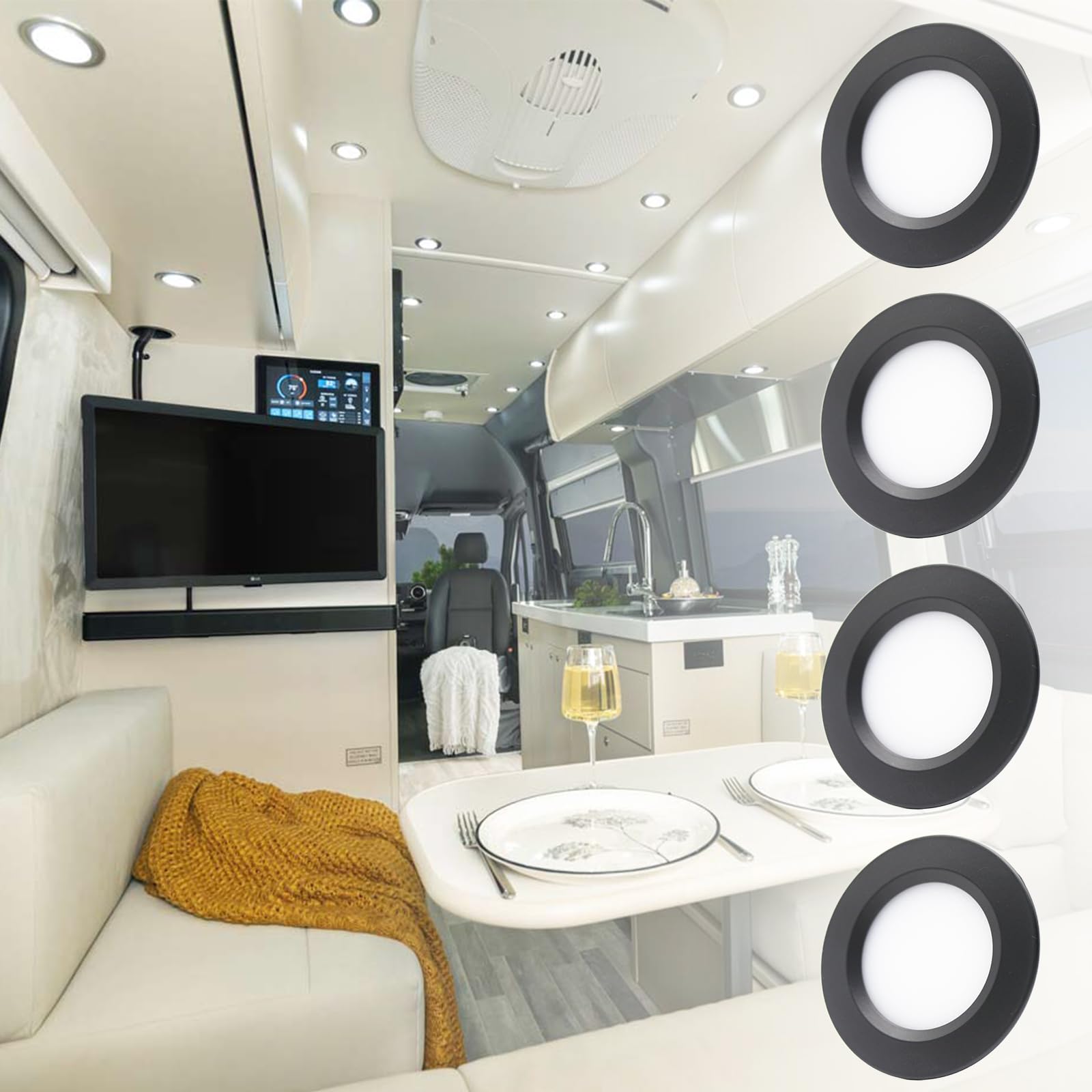 12V Campervan Encastré LED Mont Plafond Lumières Dimmable Lumières Tache 3W 6000K Lumière Blanche Pour T4 T5 Caravane Bateau Yacht Caravane Cabine Sous CRI 92+ 4 Pièces Noir