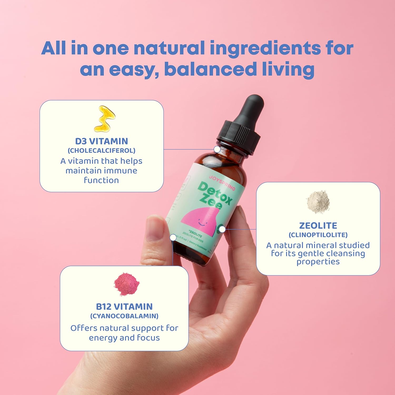 JoySpring DetoxZee Zeolite Drops for Kids – Clinoptilolite Mineral Supplement with Vitamin D3 & Cyanocobalamin B12 – Liquid Vitamins for Kids, Mild Berry Flavor, Crafted in USA, 30 Servings - Image 5