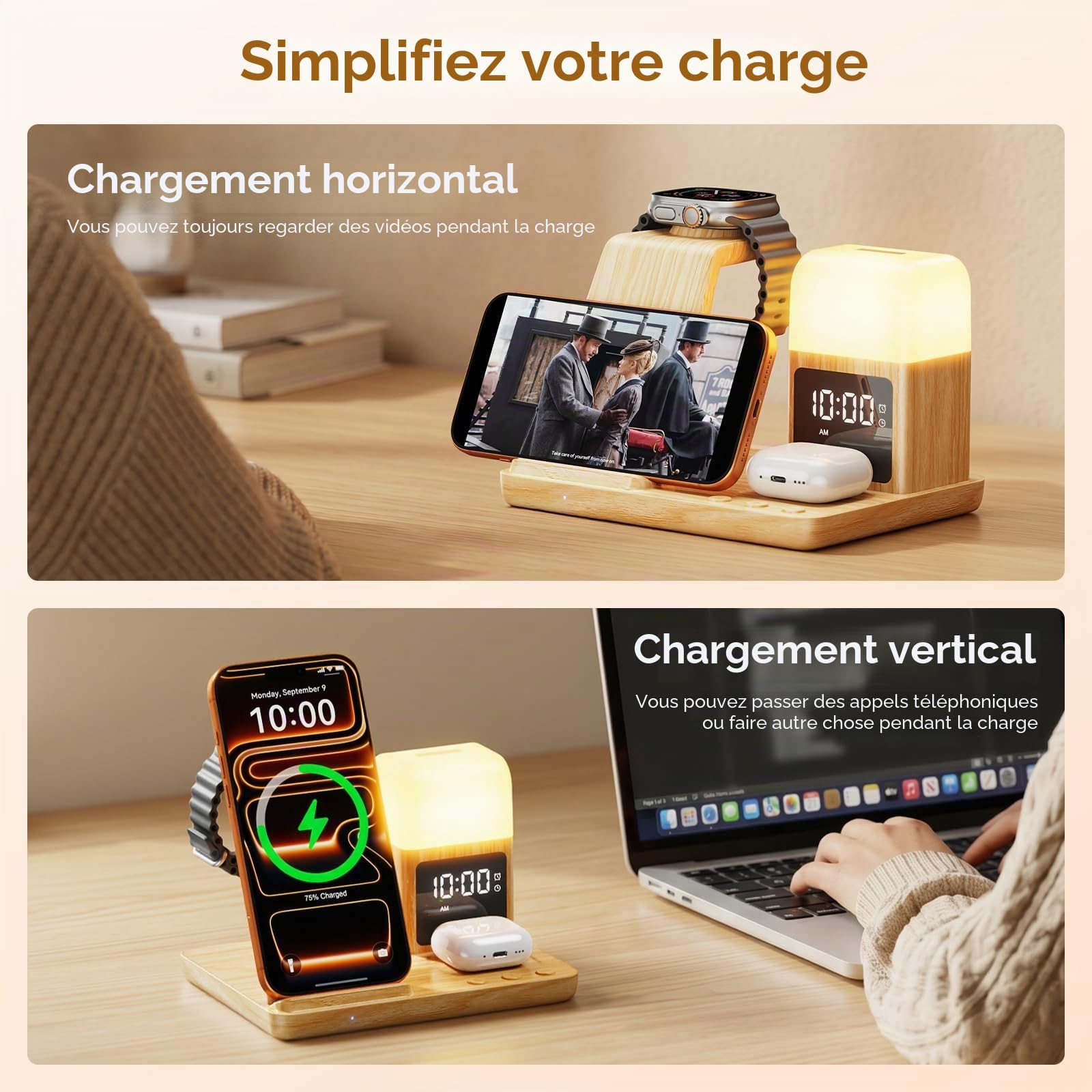 Station de Charge pour Apple, Chargeur sans Fil pour iPhone 17/16/15/14/13/12/11, Chargeur Induction 3 en 1 pour Apple Watch Series & AirPods avec Lampe de Nuit et Réveil Adaptateur Inclus