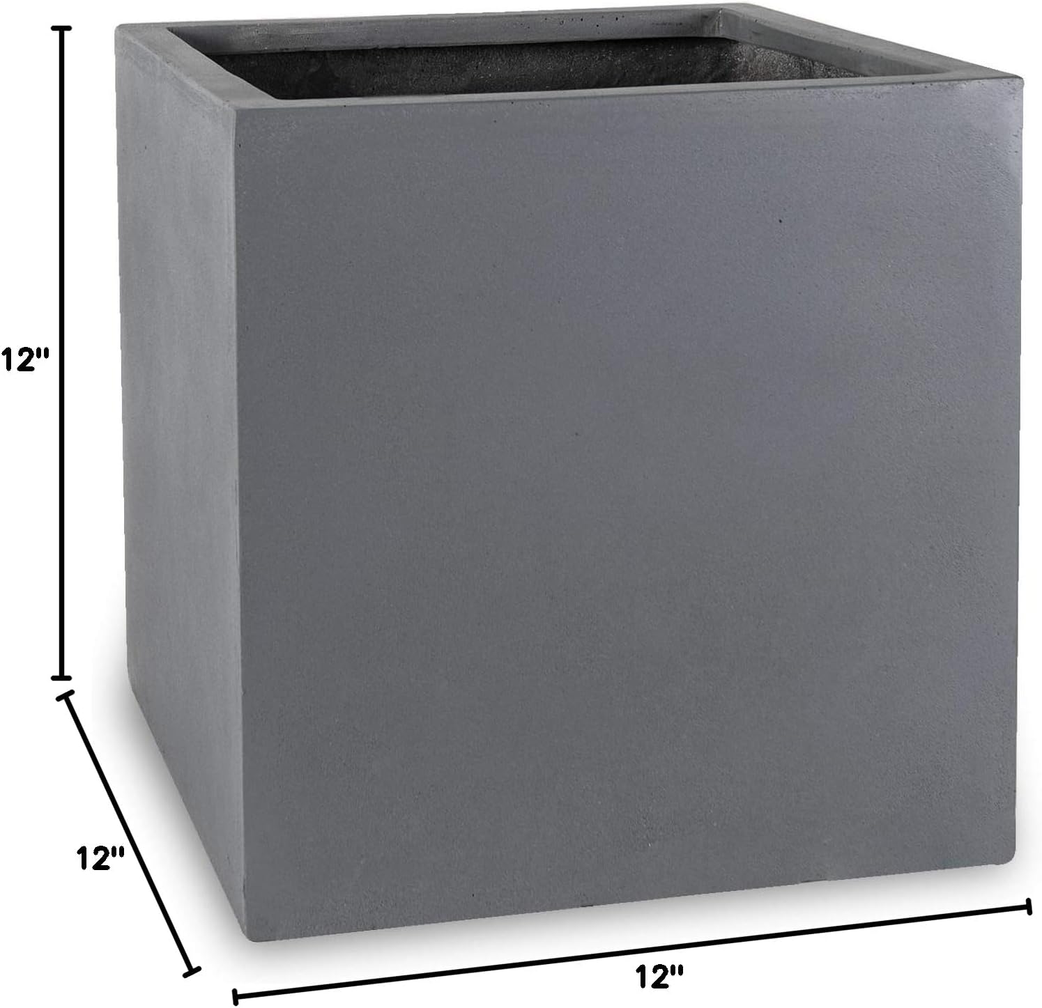 Elegant Modern Cement Gray Square Indoor Outdoor Planter Pot – 12”H x 12”W x 12”L - Cube Shaped Fiberstone Flower Planters