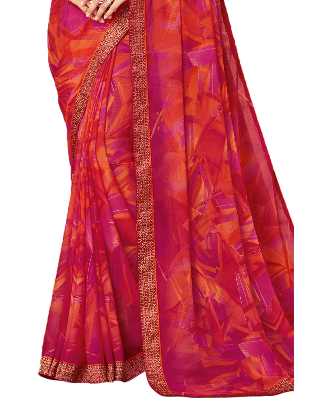 Satrani Women's Lace & Printed Chiffon Saree With Blouse(2206Sr933_Hot Pink & Multi)