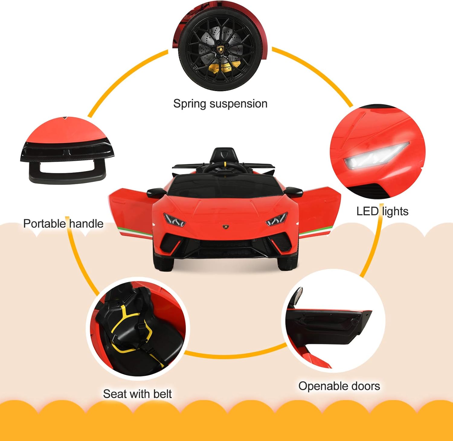 Uenjoy 12V Kids Electric Ride On Car Lamborghini Huracán Motorized Vehicles with Remote Control, Battery Powered, LED Lights, Wheels Suspension, Music,Compatible with Lamborghini, Red : Toys & Games