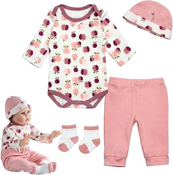4 Pcs Reborn Baby Doll Clothes for 17-22 Inch Dolls Girl, Pink Apple Outfit