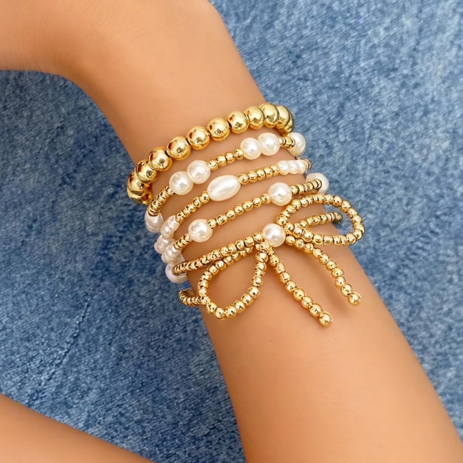 72ore Gold Bow Bracelet for Women Pink Beaded Pearl Bracelet Aesthetic Jewelry Bow Jewelry Set Gift for Women - Image 3