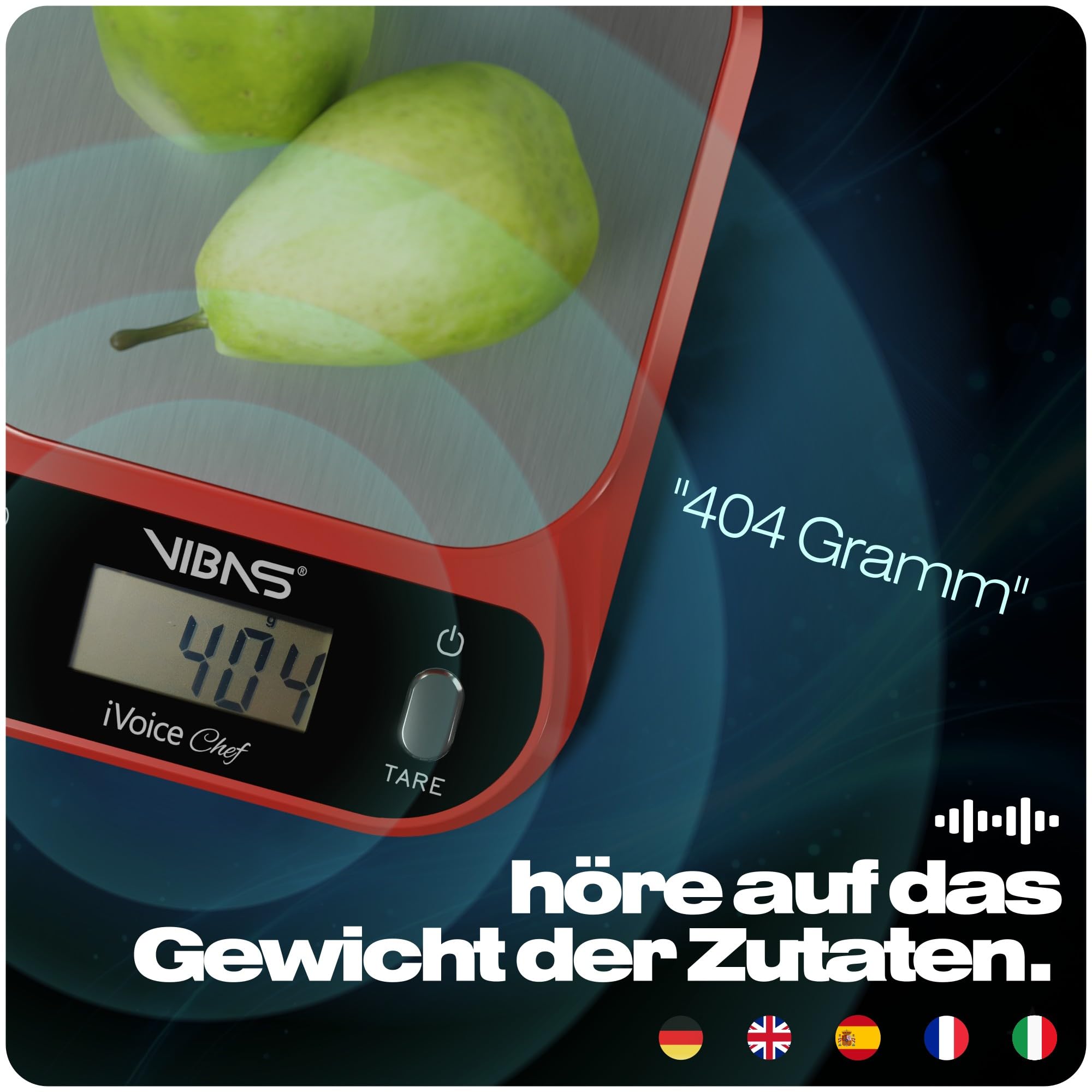 Sprechende Küchenwaage VIBAS iVoice Chef mit Schüssel, für Sehbehinderte und Senioren, 5 Sprachen, akustische Signale, Gewichtswiederholung, einstellbare Lautstärke, 10 kg, Batterien inklusive