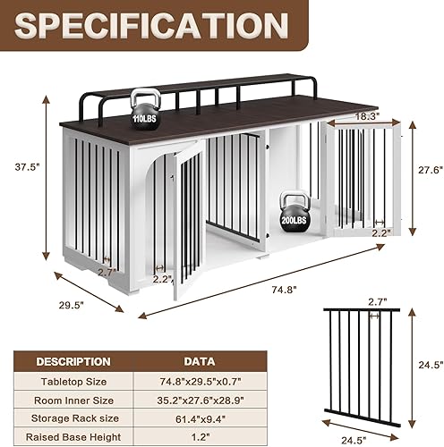 Miniatura 3 de Mueble grande para perrera para 2 perros, 74.8 pulgadas, XXL de madera doble para perros, estilo de muebles con divisor para razas grandes con
