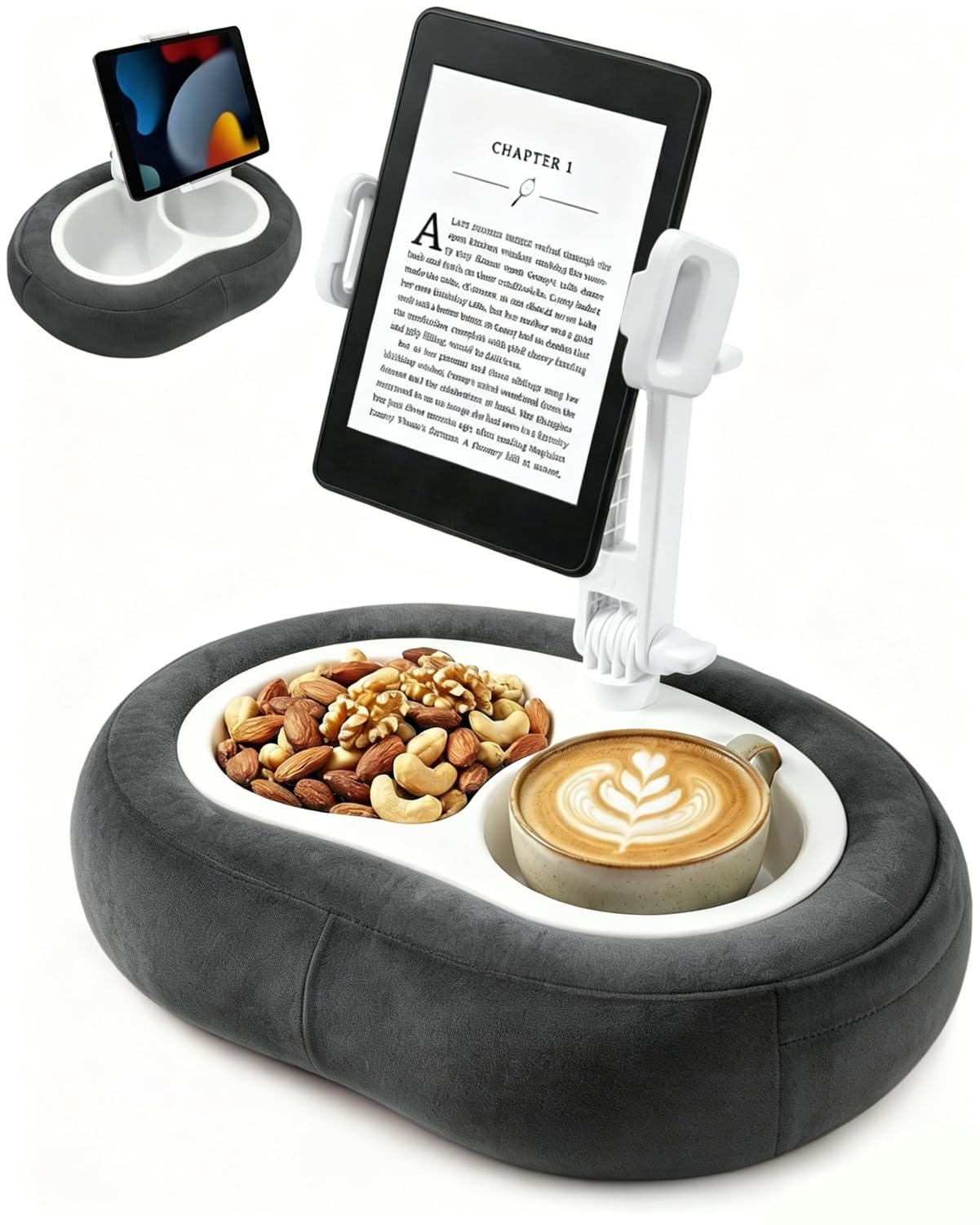 Tablet-Kissenständer, kompatibel mit 5-12,9 Zoll Kindle, iPad, Handy/Tablet, Google, Samsung, 360° drehbare Handyhalterung für Bett, weicher Plüschstoff, abnehmbare Schüssel, Lesen und Entspannen auf