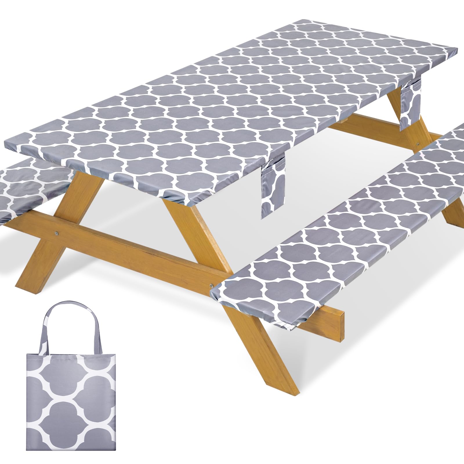 memkiya 6 Foot Picnic Table Cover with Bench Covers Fitted Dinner Tablecloth Waterproof 72×30Inch Family Picnic Themed Party Decorations Accessories Essentials for Outdoor Entertaining Grey Lattice