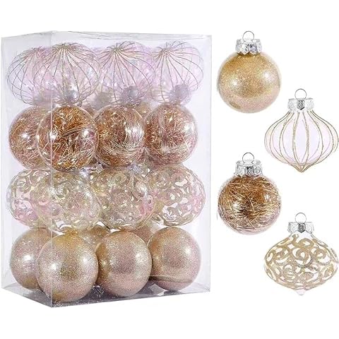 70MM/2.76" Christmas Ornaments Set, 24ct Clear Champagne Plastic Shatterproof Christmas Balls with Stuffed Delicate Decoration Shatterproof Xmas Tree Baubles for Holiday Party Thanksgiving Office Cover