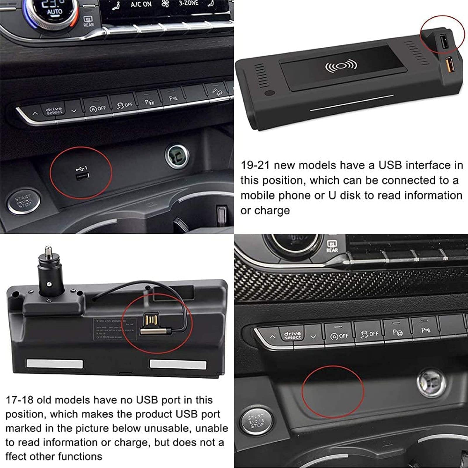 Bezprzewodowa ładowarka samochodowa A4 2017-2021, A5, S4, S5, 2018-2021, dwa porty USB QC3.0 18 W, szybkie ładowanie 15 W, panel akcesoriów do konsoli środkowej