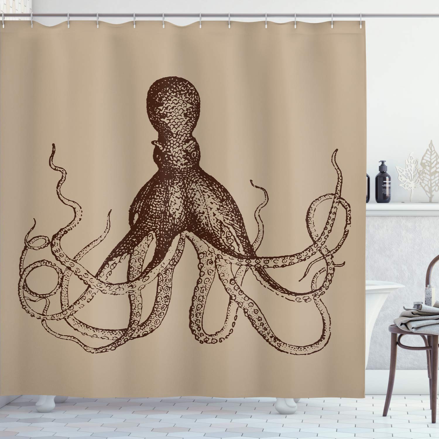 Amazon.com: Ambesonne Cortina de ducha de pulpo, tentáculos de animales  marinos monocromáticos en boceto de la vida subacuática, juego de  decoración de baño de tela con ganchos, 69 pulgadas de ancho x