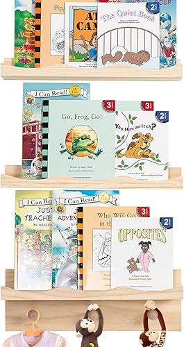 Miniatura 4 de Repisa de fotos, estante flotante de 16 pulgadas con ganchos, juego de 2 repisas de madera para fotos, estantes flotantes para habitación de niños,