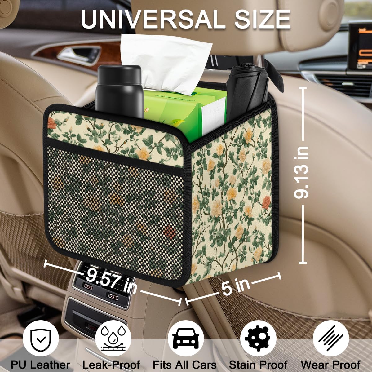 Rose Vine Print Car Seat Back Organizer Bag PU Leather