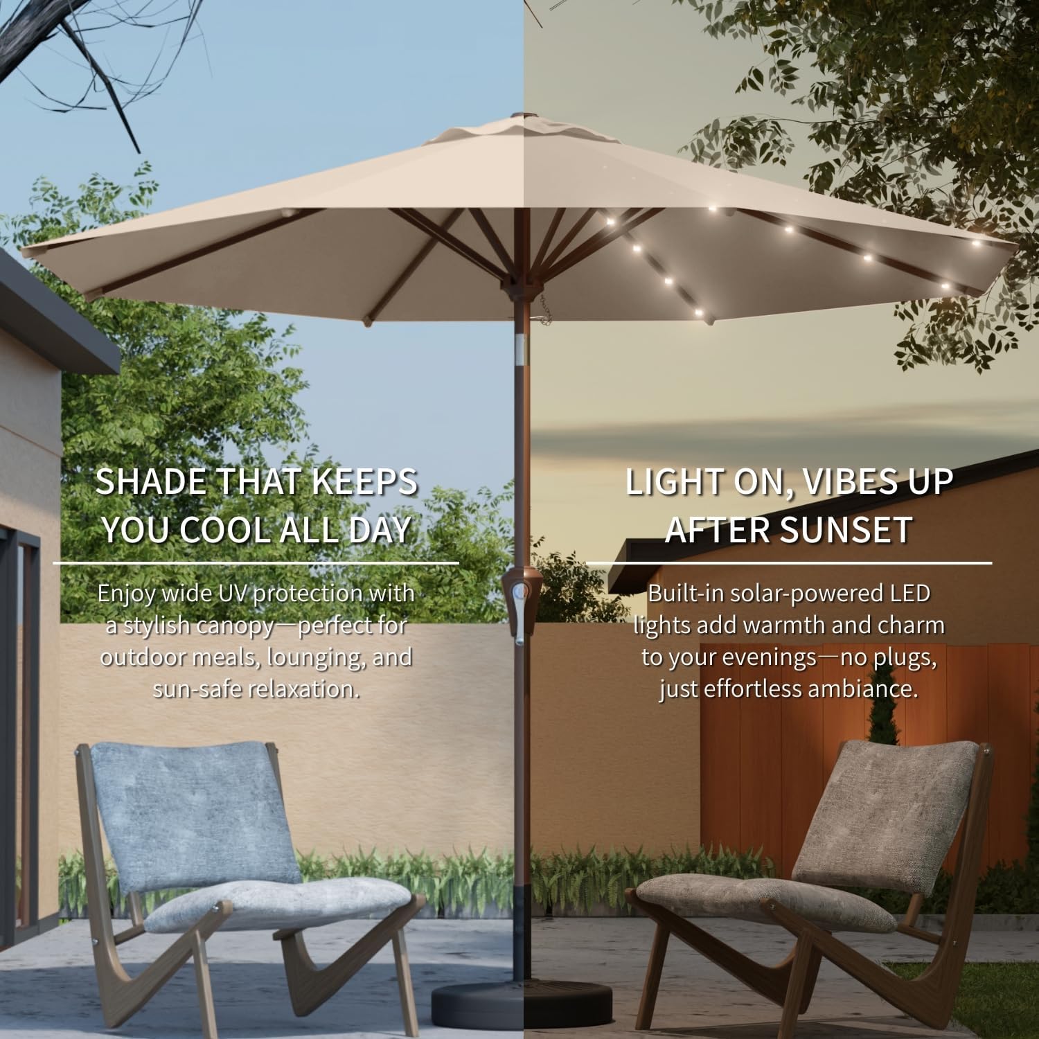 10FT Solar Umbrella 32 LED Lighted Patio Umbrella Table Market Umbrella w/Tilt and Crank, UV-Resistant Outdoor Umbrella for Pool, Garden, Deck, Beige