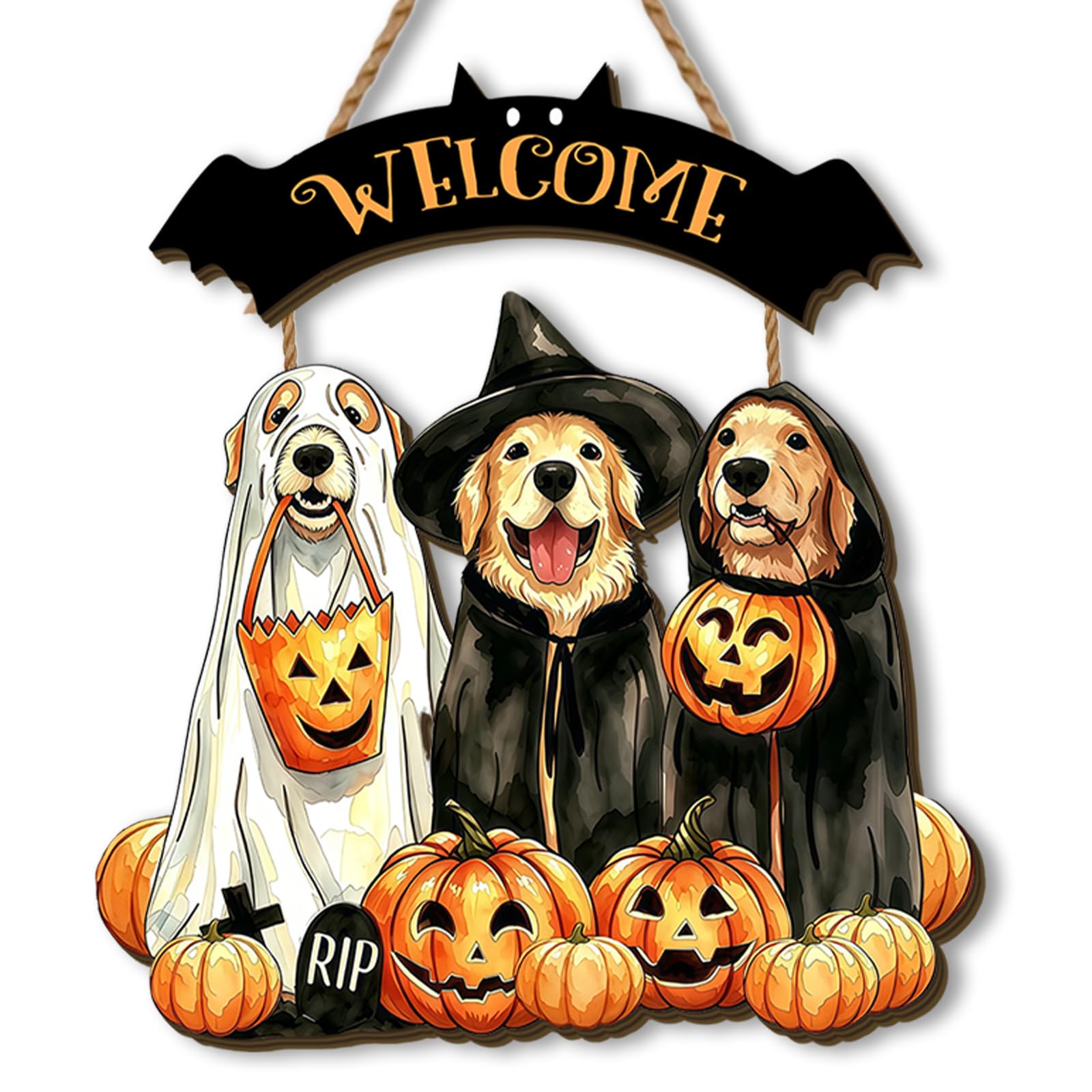 Cute Halloween Wooden Wreaths for Front Door October Dog Witch Welcome Sign Spider Web Party Decor Cute Halloween Decorations for Home Party