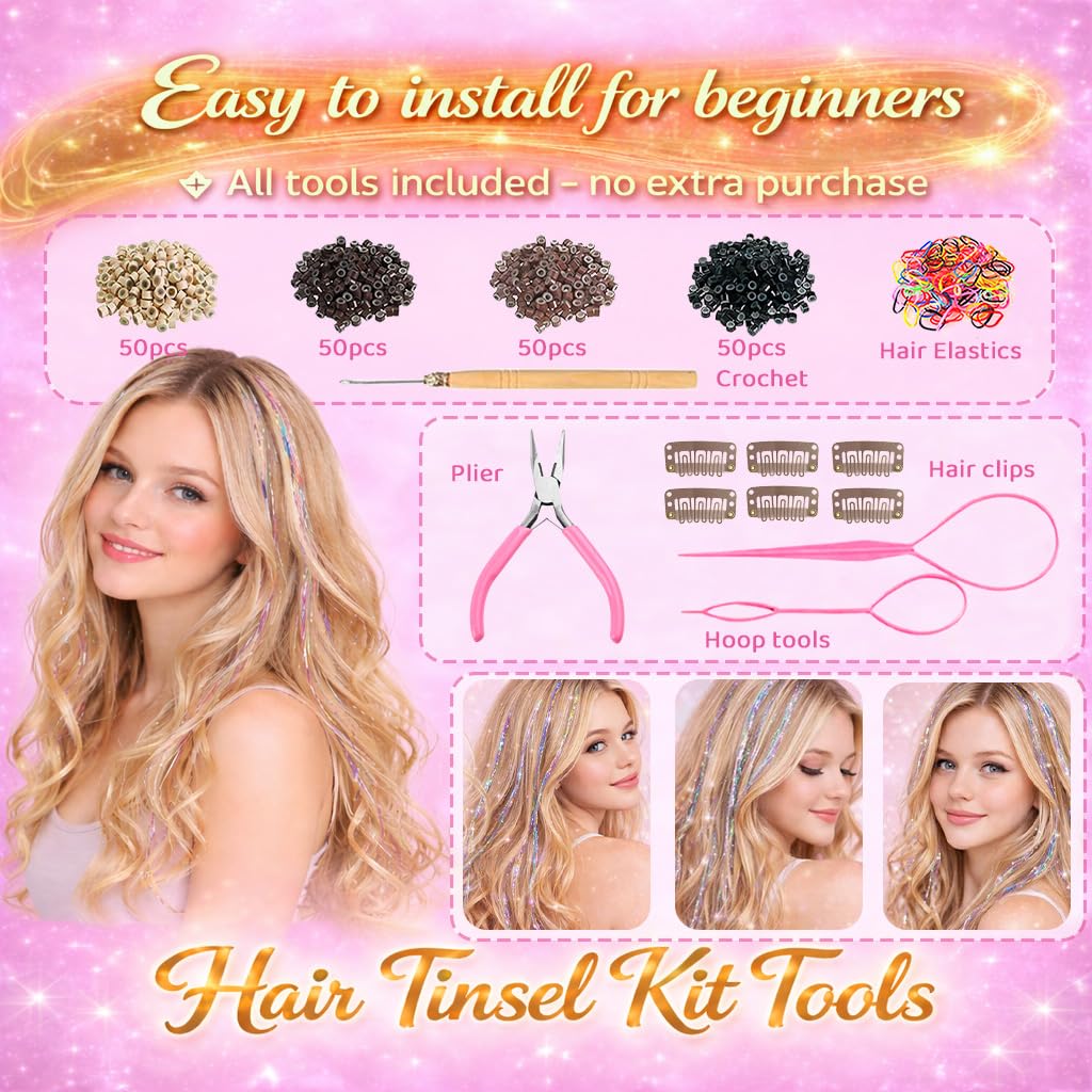 Hair Tinsel, 22 Colors Fairy Hair Tinsel Kit for Girls Women 48 Inch 8800 Strands with Tools Hair Accessories Glitter Tinsel Hair Extensions for Party Festival Christmas (22 Colors Hair Tinsel Kit)