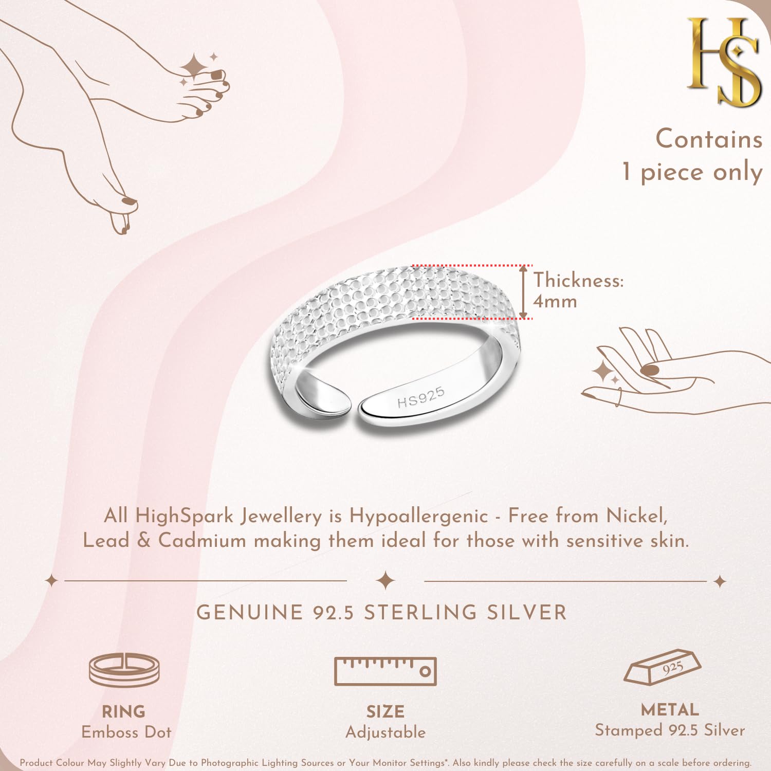 92.5 Sterling Toe Ring - Emboss Dot