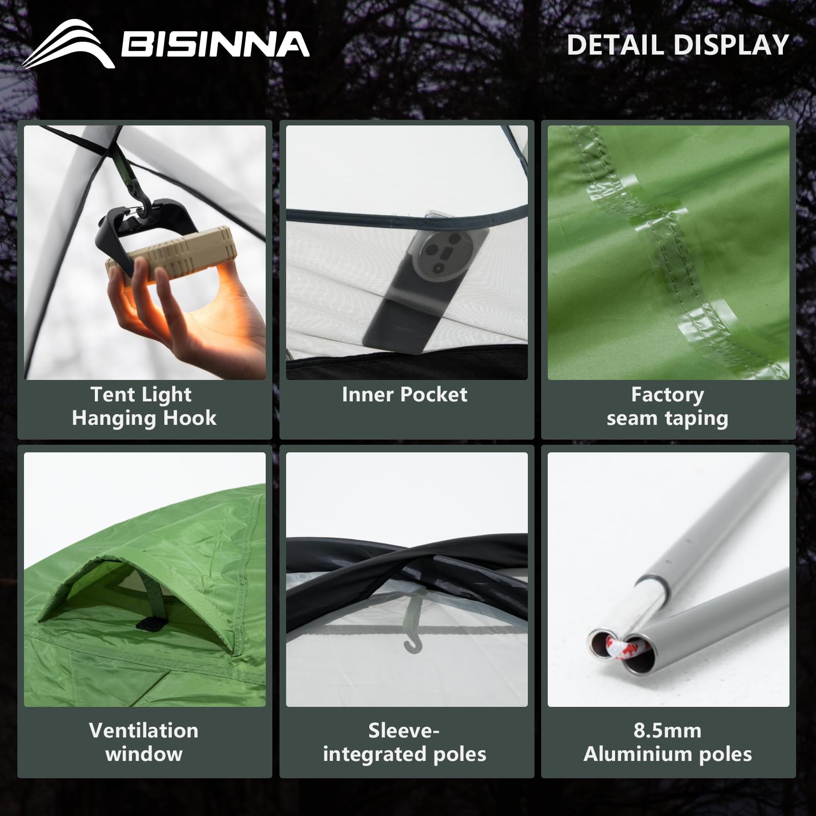 BISINNA Tienda de Campaña Cúpula 2 Personas 3-4 Estaciones | Impermeable y Resistente al Viento | Ultraligera y Compacta para Camping, Senderismo, Festivales