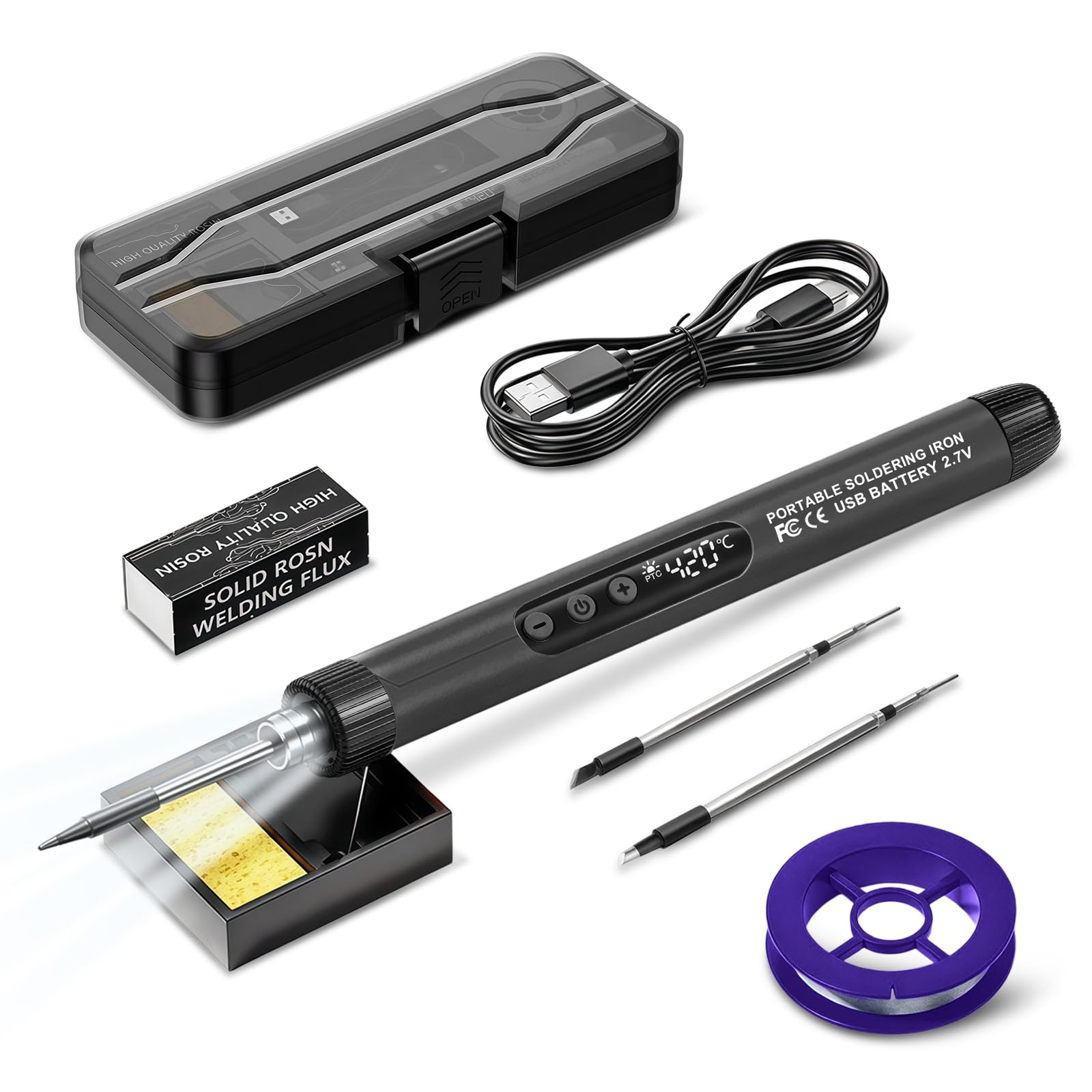 Flintronic Cordless Soldering Iron Kit, Rechargeable USB Portable Soldering Iron with LCD Display & Led Fill Light, Adjustable Temperature 260ยฐC-420ยฐC, for Home Appliance Repair DIY Projects