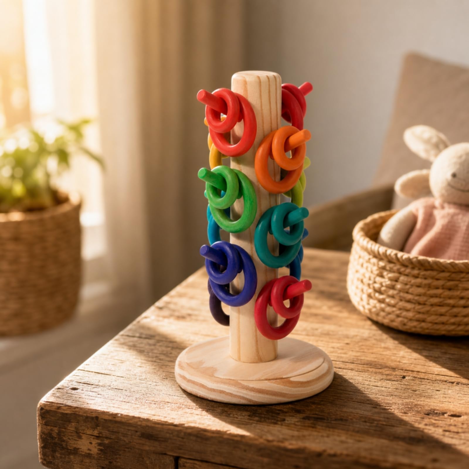 Torre da Impilare in Legno Moderna, Albero Arcobaleno, Versione Macaron, Peso 0,6 Kg, 13,5 × 13,5 × 25 Cm