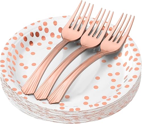 Juego de platos y tenedores de papel blanco y oro rosa, platos de postre desechables de 25 x 7 pulgadas y tenedores de plástico de 25 x 7.3