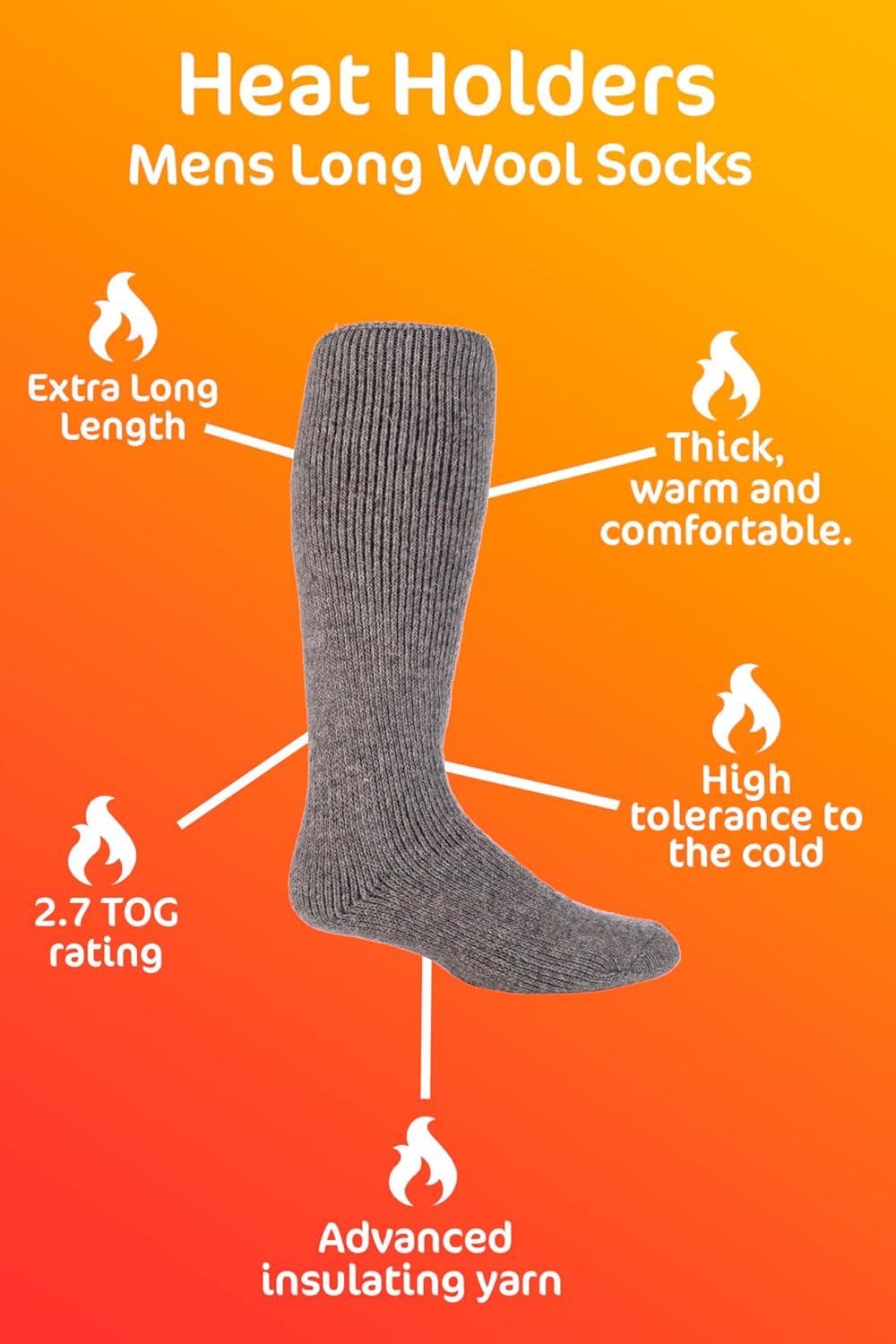 HEAT HOLDERS Mens LONG WOOL 2.7 Tog Thermal Socks, 7-12 USA Charcoal Gray