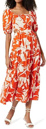 The Drop Anaya Gestuftes Eckigem Ausschnitt und Cut-Out-Detail Maxikleid, Tomatenrotes Laub Aufdruck, L