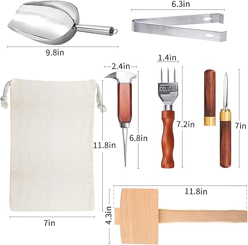 Miniatura 2 de Juego de 7 palillos de hielo de acero inoxidable con mango de madera, bolsa Lewis de hielo triturado y martillo de madera para romper hielo tallado