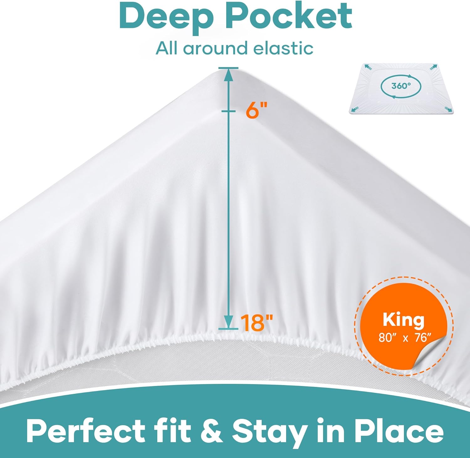 OhGeni Waterproof Mattress Protector, King Size Fitted Sheet with Deep Pocket, 6''-18'' Washable Hypoallergenic Mattresses Cover, Noiseless Soft Mattress Pad,Urine,Bedroom Essential,Pee & Dirt-Proof - Image 4