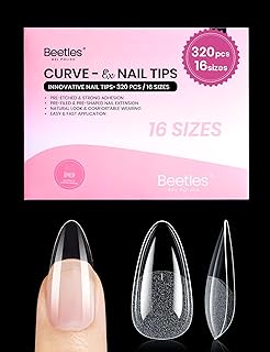 Beetles Gel Nail Tips Curve-EX - Almond Medium, 320pcs 16 Sizes, Etch-X Half Matte Full Cover Soft Acrylic False Press on Nail Tips Easy DIY Nail Extension Art Salon for Curved & Natural Nail Beds